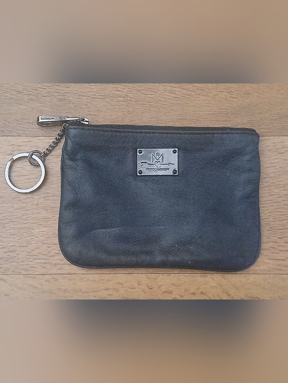 REBECCA MINKOFF black leather keychain pouch